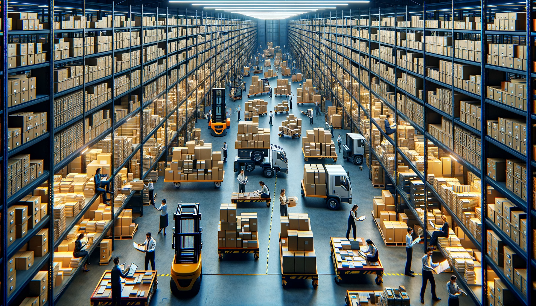 DALL·E 2023 10 27 15.52.10 Wide photo of a vast archive warehouse illuminated by overhead lights. Rows upon rows of shelves are stacked with neatly organized boxes. Diverse male